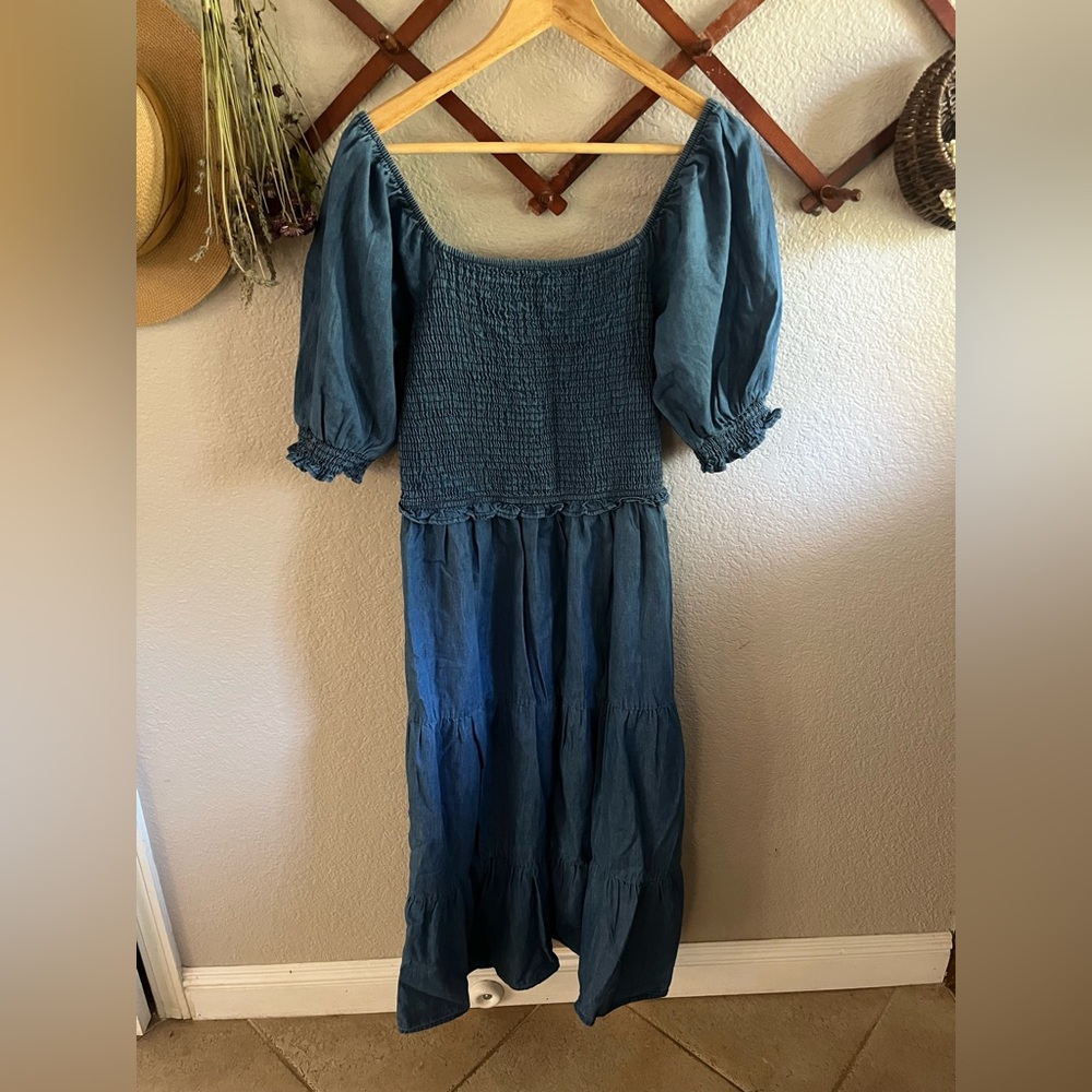 Denim look NWT puff sleeve cottage core smocked 100% cotton dress